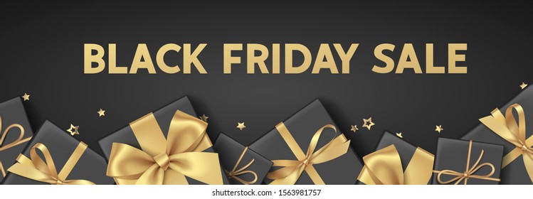 Black friday sale design template. Text with decorative gift boxes and golden bows.   Vector illustration.