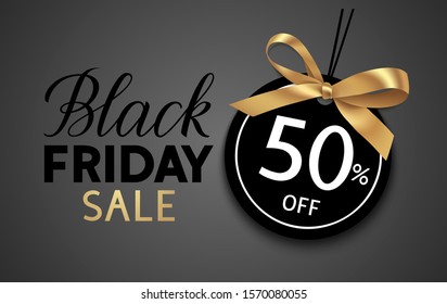 Black friday sale design template. Decorative price tag with golden bow. Vector illustration