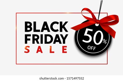 Black friday sale design template. Decorative price tag with red bow. Vector illustration