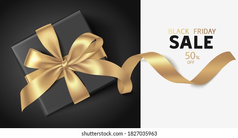 Black friday sale design template. Text with black gift box and gold bow with long golden ribbon. Vector illustration