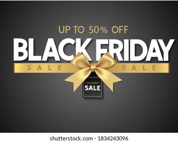 Black friday sale design template Text with decorative golden bow. Vector illustration