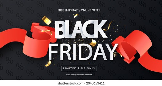 Black Friday sale design template with red ribbon . Limited time only. Black Friday sale design background for poster, banners, flyers, card