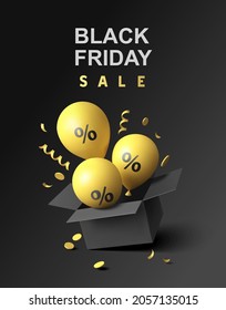 Black friday sale design template. Open black gift box   with yellow balloons, confetti and ribbons. Vector illustration