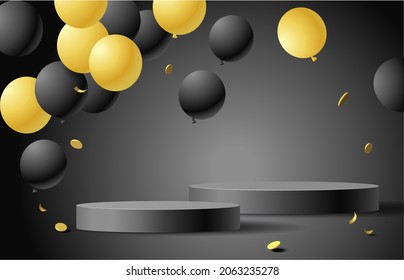 Black friday sale design template. Festive background with black and gold flying balloon, confetti coin and empty black round podium. Vector stock illustration.