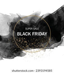 Black Friday sale design template. Black and gray water color art in the background with golden circle and golden glitter. Vector illustration