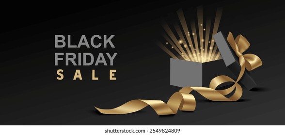 Modelo de projeto de venda Black Friday. Abrir caixa de presente preta com brilho dourado, faixa longa de espiral amarela, arco e texto de venda de sexta-feira preta. Ilustração de estoque de vetor.