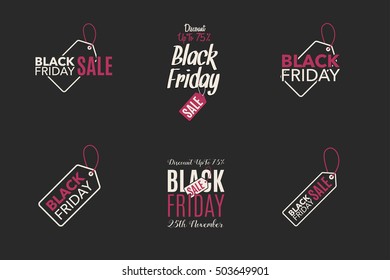 Black Friday sale design template. Creative banner label. Vector illustration, marketing price tag, discount, advertising. Abstract vector illustration for shopping. Set.
