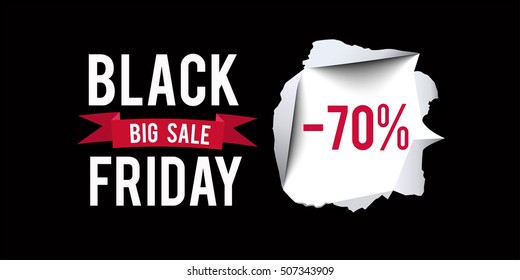 Black Friday sale design template. Black Friday 70 percent discount banner with black background. Vector illustration.