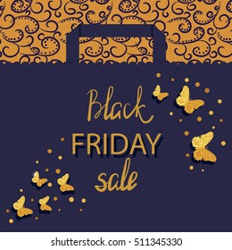 Black Friday sale design template. Shopping bag with glittering butterflies. Vector illustration. 