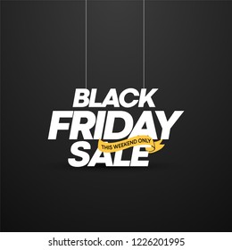 black friday sale - design vector poster or banner - hanging text with yellow ribbon on black background 