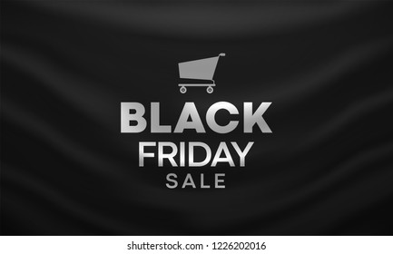 black friday sale - design vector poster or banner with shopping cart  on waving black background 