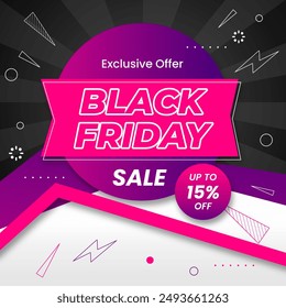 Black Friday Sale Designer Banner with discount up to 15% off. Exclusive Offer. Vector Illustration. Shop Now.