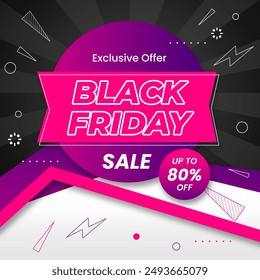 Black Friday Sale Designer Banner with discount up to 80% off. Exclusive Offer. Vector Illustration. Shop Now.