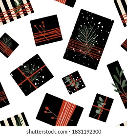 Black Friday Sale. Different presents in black paper with red ribbon, eucalyptus and spruce branches. Rustic gift box. Eco decoration. Vector seamless pattern, flat cartoon style