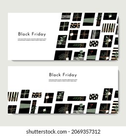Black Friday Sale. Different presents in black paper. Rustic gift box. Eco decoration. Vector banner in flat cartoon style
