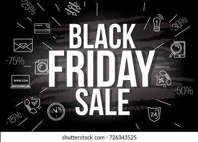 Black Friday Sale with discount 15, 25, 30, 50 - 75%. Vector illustration. On the background, you can see icons with thin lines.