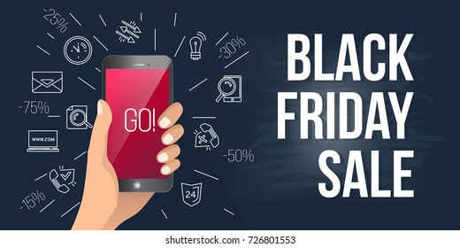 Black Friday Sale with discount 15, 25, 30, 50 - 75%. Vector illustration. On the background with icons and mobile phone in hand.