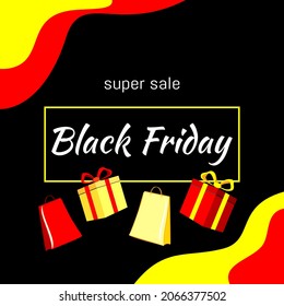 Black Friday, sale and discount advertising. Banner, flyer, poster with packages and gifts on a dark background.