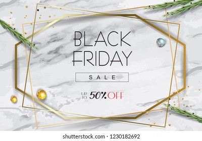 Black Friday Sale Discount banner with gold geometric frames, Eucalyptus green gum leaves foliage on marble table top view, trendy design gift card, voucher, Holiday shopping sign vector illustration
