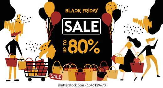 Black Friday sale discount banner with shopping people illustration