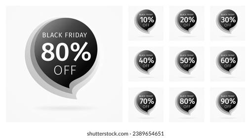 Black Friday Sale Discount Banner. Set of Discounts from 10 to 90 percent. Discount label in the form of the black speech bubble with percentage number. Big Mega Super Sale. Vector illustration