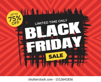 Black friday sale discount clearance banner with brush stroke template concept, text and button sale vector illustration isolated on red background