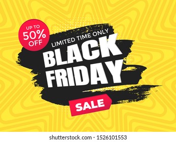Black friday sale discount clearance banner with brush stroke template concept, text and button sale vector illustration isolated on yellow background