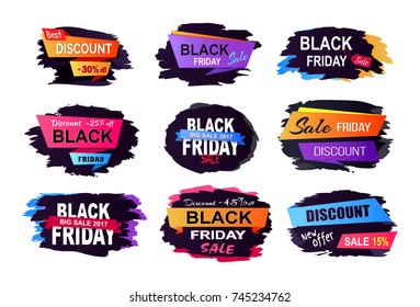 Black Friday sale and discount, collection of stickers with backgrounds and unique titles decoration on vector illustration isolated on white