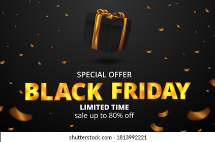 black friday sale discount event poster banner template with 3d black box present with golden ribbon and gold confetti