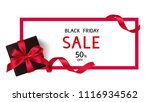 Black Friday Sale discount flyer template with black gift box and red bow. Vector gift card  