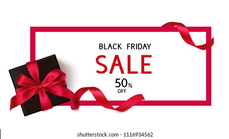 Black Friday Sale Discount Flyer Template With Black Gift Box And Red Bow. Vector Gift Card  