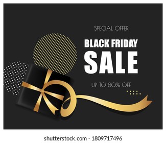 Black Friday Sale discount flyer template with black gift box on black background. Vector gift card