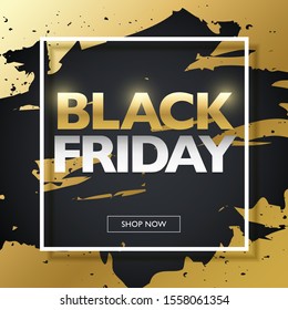 Black Friday sale discount marketing banner. Black Friday black and gold promo offer flyer and poster. Vector illustration template.