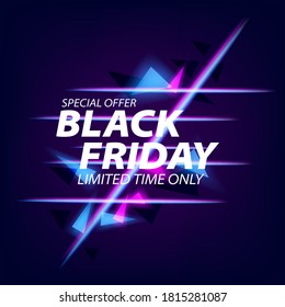 Black friday sale discount offer poster banner template with pieces triangle neon glow color for modern and night festive