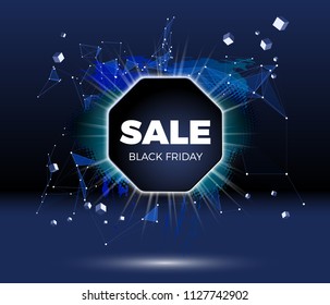 Black friday sale discount poster or banner with shiny emblem, lines and triangles in technology style