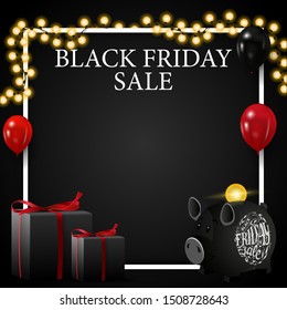 Black friday sale, discount square template for your art with copy space, gifts and piggy Bank