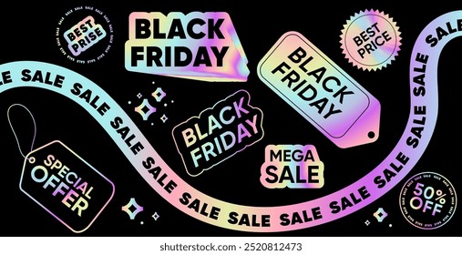 Black Friday venta de descuento etiquetas adhesivas etiquetas de Precio conjunto de Elementos holográficos. Producto de descuento festival Elementos de diseño Black Friday. Diseño holográfico para el diseño especial de la oferta del descuento. Vector 