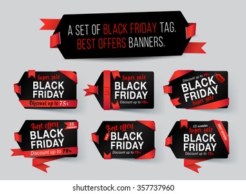 Black Friday sale and discount tag with red glossy ribbon.