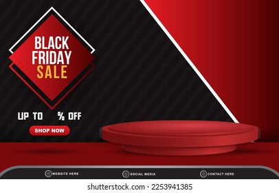 banner de plantilla de descuento de venta de viernes negro con espacio en blanco 3d podio para la venta de productos con diseño de fondo negro y rojo gradiente abstracto