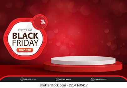 black friday sale discount template banner with blank space 3d podium for product sale with abstract gradient red background