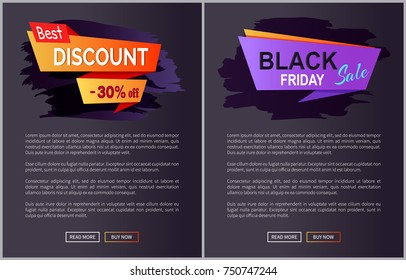 Black Friday sale and discount web pages showing information placed below images, buttons at bottom of them vector illustration isolated on dark