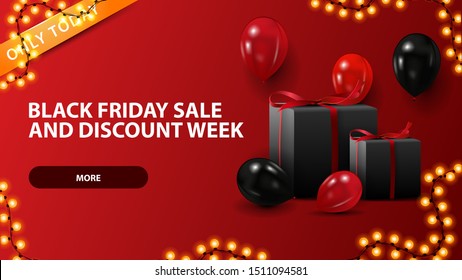 Black friday sale and discount week, red horizontal discount web banner with balloons and gifts