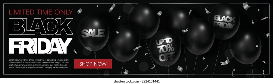 Black Friday. Sale discounts of up to 70%. Long horizontal banner with black balloons and text. Vector modern trendy 3D illustration.