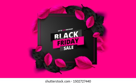 Black Friday. Sale and discounts flat trendy banners.  Black friday calligraphy in square with black and pink leaves in the background. Vector illustration.