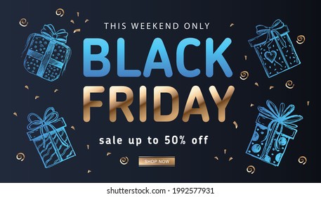 Black Friday Sale. Doodle icons of gift box. Hand drawn style. Vector.