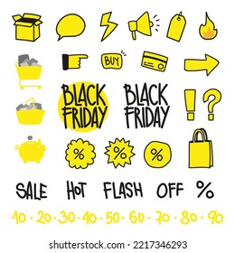 Black friday sale doodle icons set.Discount illustration vectorial simple line  