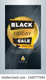 Black Friday Sale. Editable templates for social media stories. story template with special offer tag. Golden and black color theme with light effects. Vector illustration