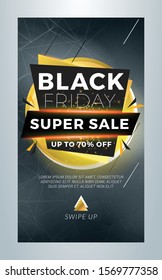 Black Friday Sale. Editable templates for social media stories. story template with special offer tag. Golden and black color theme with light effects. Vector illustration