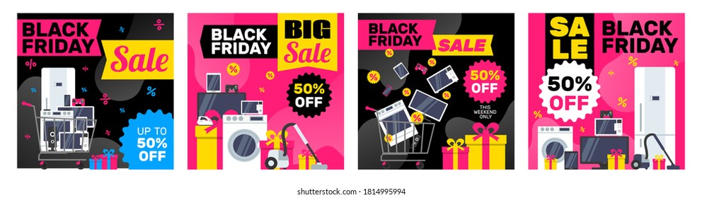 black friday sale electronics household appliances and gadgets square banners design set for social media