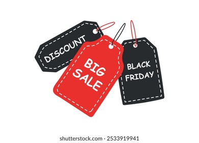 Elementos de venta de Black Friday aislados en blanco. Tres etiquetas de Precio. Compras del Black Friday. Concepto de venta.
